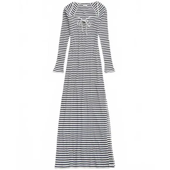 AE Aerie Long Sleeve Knit Tie Front Maxi Dress American Eagle Navy White  NWT L